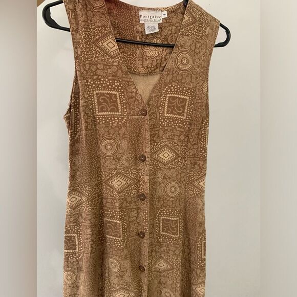 VTG Northern Isles Portraits Pattern Hippie Boho Maxi Button Down Linen Dress M - Picture 9 of 10